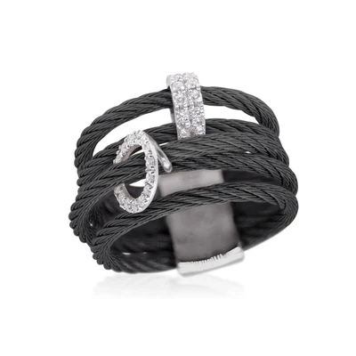 14Kt White Gold Black Nautical Cable Circle Wide Ring With (28) Round Diamonds Weighing 0.24cttw