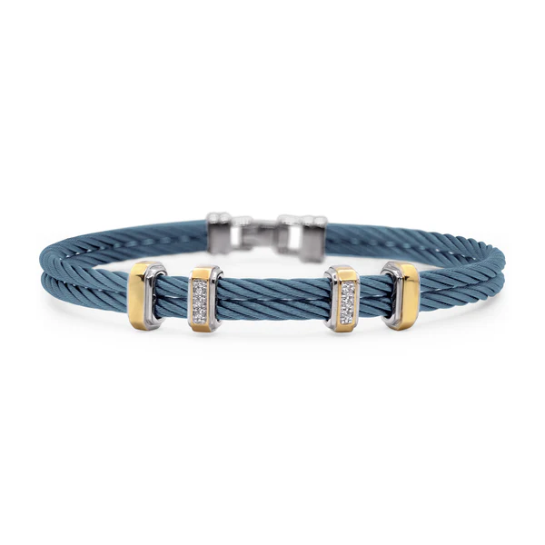 14Kt Yellow Gold Island Blue Nautical Cable Men's Bracelet With (6) Round Diamonds Weighing 0.03cttw