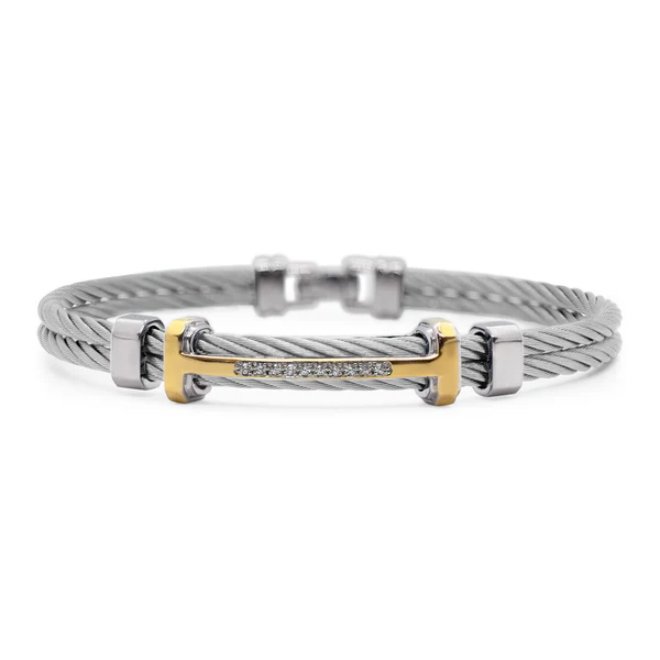 14Kt Yellow Gold Grey Nautical Cable Men's Bracelet With (10) Round Diamonds Weighing 0.08cttw