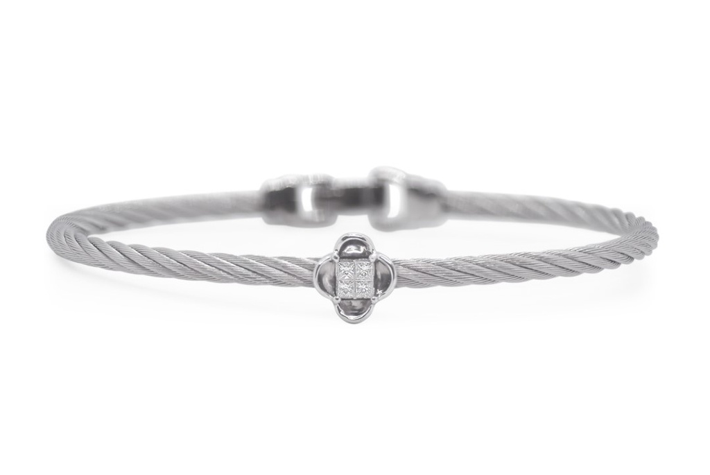 14Kt White Gold Grey Nautical Cable Bracelet With (4) Princess Cut Diamonds Weighing 0.13cttw