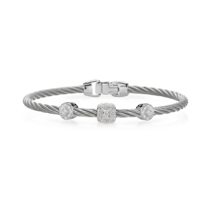 14Kt White Gold Grey Twisted Nautical Cable Two Circle And Single Square Station Bracelet With (27) Round Diamonds Weighing 0.14cttw