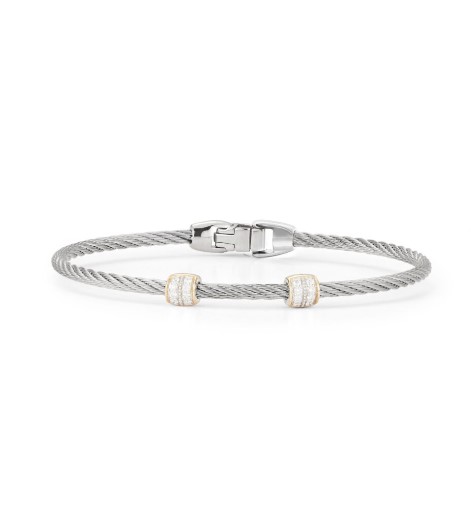 14Kt Yellow Gold Grey Nautical Cable Two Barrel Station Bracelet With (16) Round Diamonds Weighing 0.13cttw
