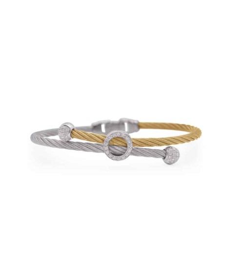14Kt White Gold Grey And Yellow Nautical Cable Bypass Bracelet With (45) Round Diamonds Weighing 0.20cttw