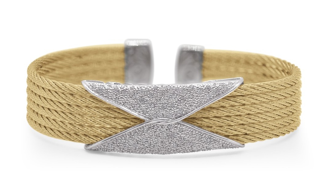 14Kt White Gold Yellow Nautical Cable Six Row Diamond Hourglass Bracelet 0.42cttw