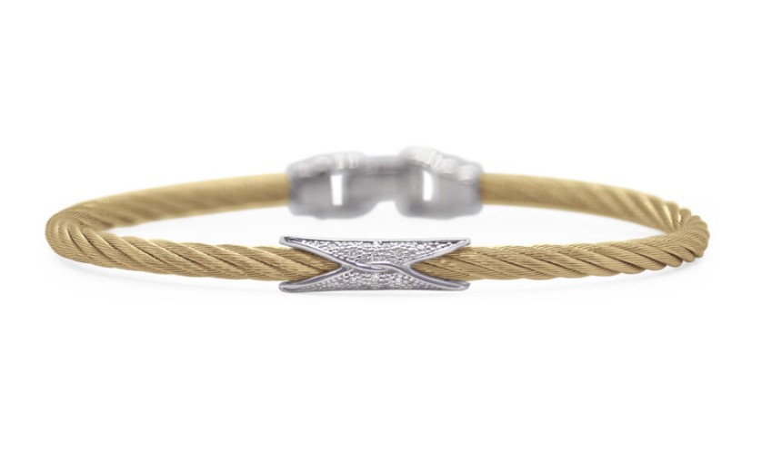 14Kt White Gold Yellow Nautical Cable Hourglass Bangle With (14) Round Diamonds Weighing 0.07cttw