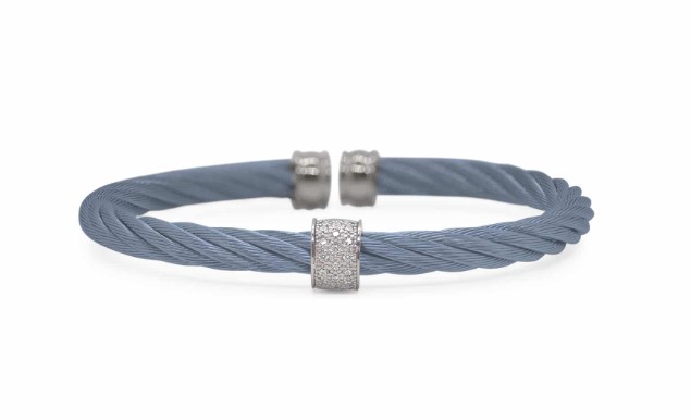 14Kt White Gold Island Blue Nautical Cable Barrel Station Bracelet With (16) Round Diamonds Weighing 0.13cttw
