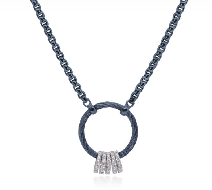 14Kt White Gold Blueberry Nautical Cable And Chain Circle Necklace With Round Diamonds Weighing 0.30cttw