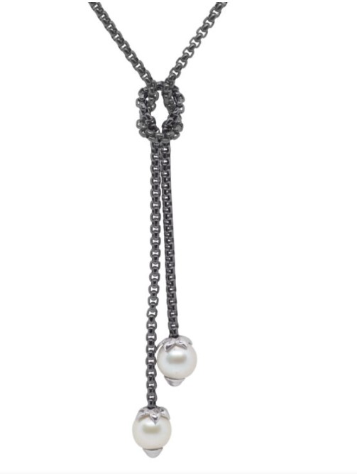 Stainless Steel Black Chain Freshwater Pearl Knotted Lariat