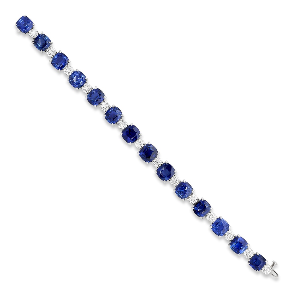 Platinum Line Bracelet With (14) Cushion Cut Sapphires Weighing 53.68ct And (14) Round Diamonds Weighing 7.42ct