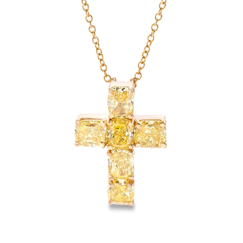 18Kt Yellow Gold Cross Necklace With (6) Cushion Cut Diamonds Weighing 3.16cttw