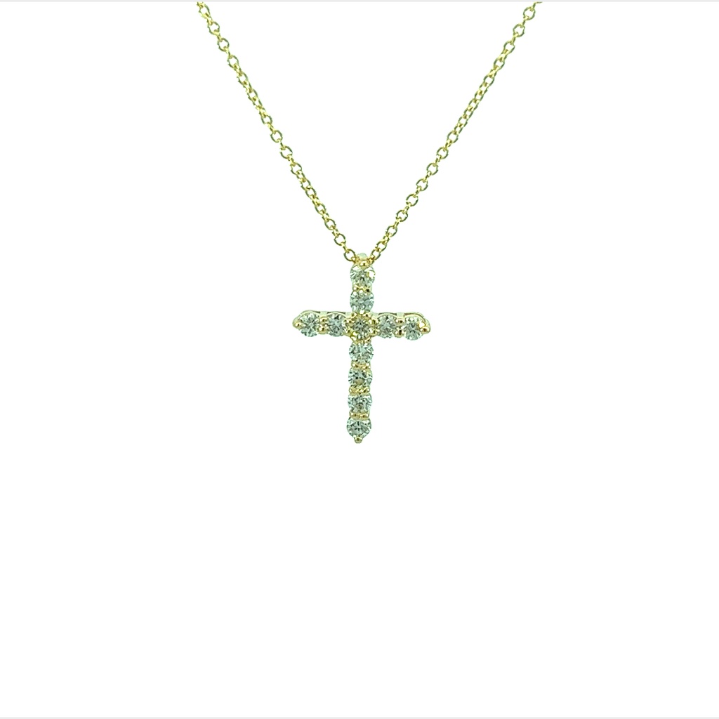 14Kt Yellow Gold Cross Necklace With 11 Round Diamonds Weighing 0.48cttw 