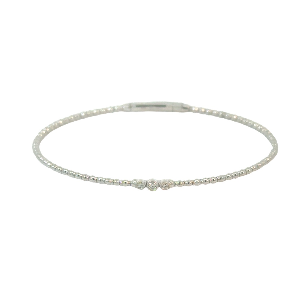 14Kt White Gold Beaded Flex Bangle With (3) Round Diamonds Weighing 0.06cttw