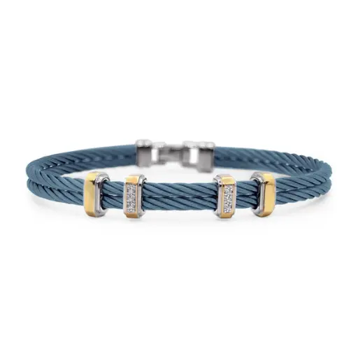 [04-65-8464-11] 14Kt Yellow Gold Island Blue Nautical Cable Men's Bracelet With (6) Round Diamonds Weighing 0.03cttw
