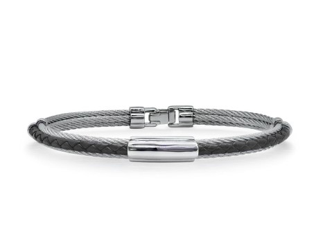 [04-13-BK34-00] Stainless Steel Grey Nautical Cable Black Leather Men's Bracelet Sz7.75
