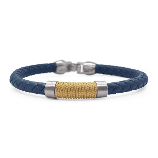 [04-17-BL61-00] Men's Stainless Steel Yellow Nautical Cable Wrapped Blue Leather Bracelet Sz7.75
