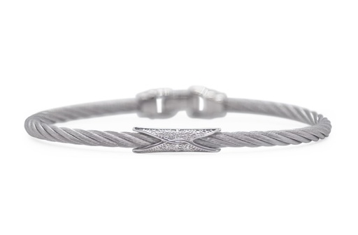 [04-32-3074-11] 14Kt White Gold Grey Nautical Cable 3mm Hourglass Bangle With (14) Round Diamonds Weighing 0.07cttw