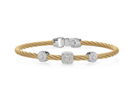 [04-37-S921-11] 14Kt White Gold Yellow Twisted Nautical Cable Two Circle And Single Square Station Bracelet With (27) Round Diamonds Weighing 0.14cttw
