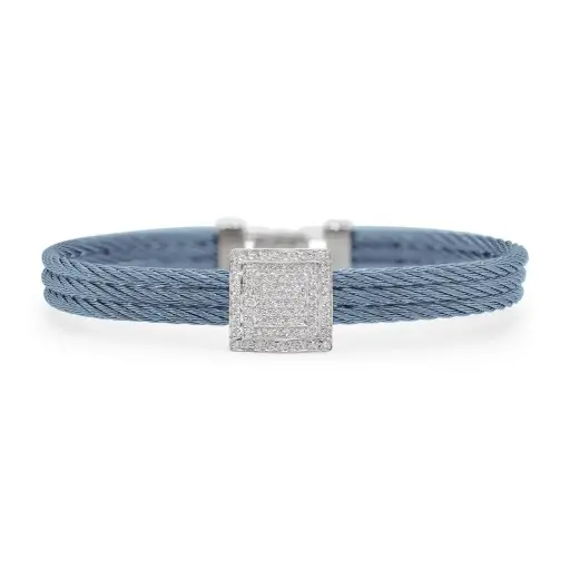 [04-64-4335-11] 14Kt White Gold Island Blue Nautical Cable Square Station Bracelet With (83) Round Diamonds Weighing 0.42cttw