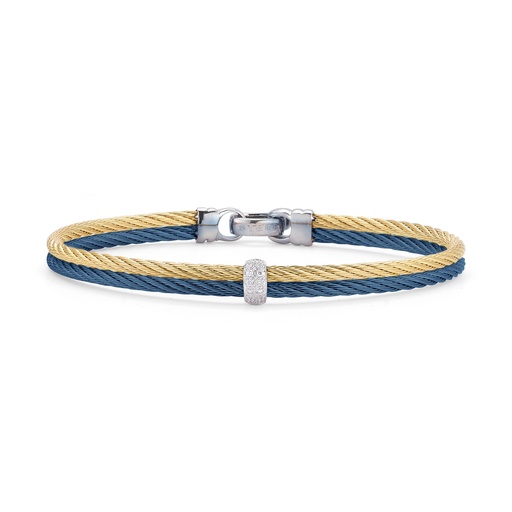 [04-68-S221-11] 14Kt White Gold Blueberry And Yellow Nautical Cable Single Bar Station Diamond Bracelet 0.08cttw