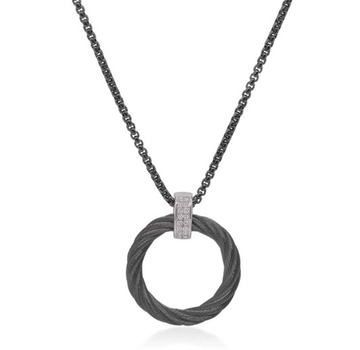 [08-52-3906-11] 14Kt White Gold Black Nautical Cable Circle Necklace With (16) Round Diamonds Weighing 0.09cttw