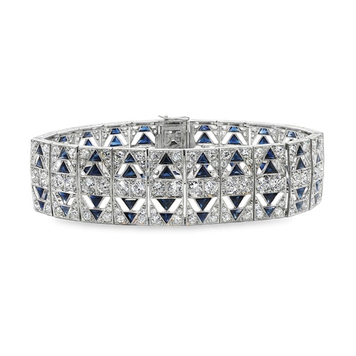 [BLB01643] Platinum Bracelet With (209) Old European Cut Diamonds Weighing 12.00ct And (84) Triangular Sapphires Weighing 3.00ct 
