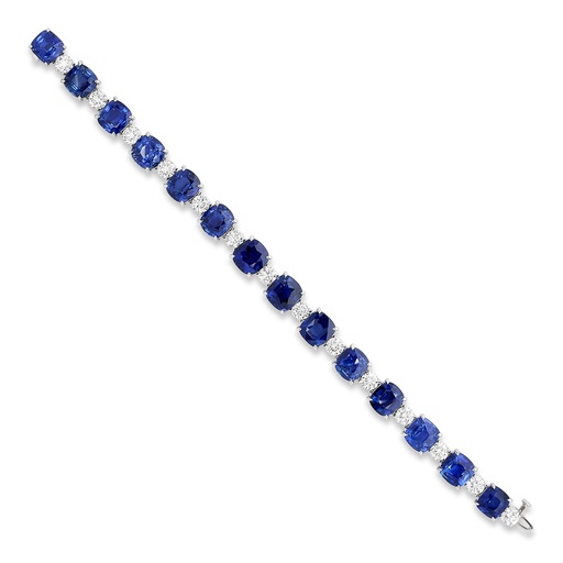 [B81220.1] Platinum Line Bracelet With (14) Cushion Cut Sapphires Weighing 53.68ct And (14) Round Diamonds Weighing 7.42ct