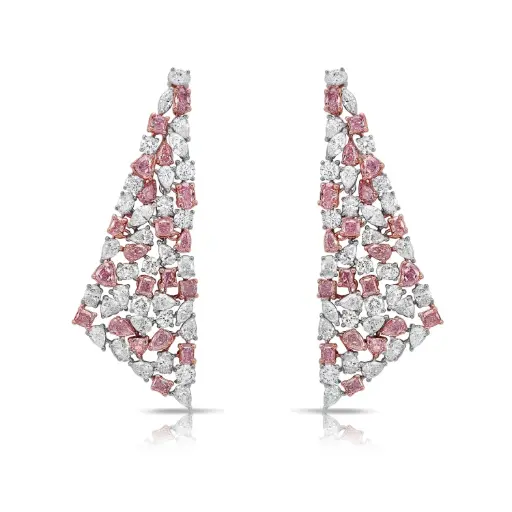 [J3430] 18Kt White Gold Mixed Shape Hanging Earrings With Pink Diamonds Weighing 3.70ct and White Diamonds Weighing 5.66ct