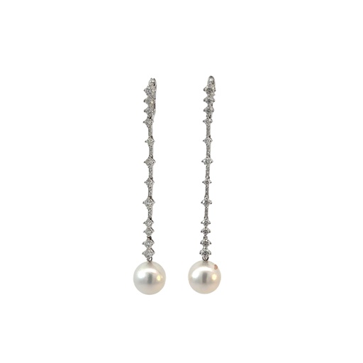 [PE300AW] 18Kt White Gold Pearl Dangle Earrings With (44) Round Diamonds Weighing 1.30cttw