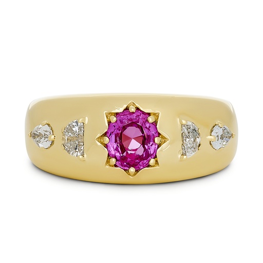 [PRTR80478B-P] 18Kt Yellow Gold Ring With An Oval Pink Sapphire Weighing 0.89ct, (2) Half Moon Diamonds Weighing 0.22ct, And (2) Pear Shaped Diamonds Weighing 0.21ct